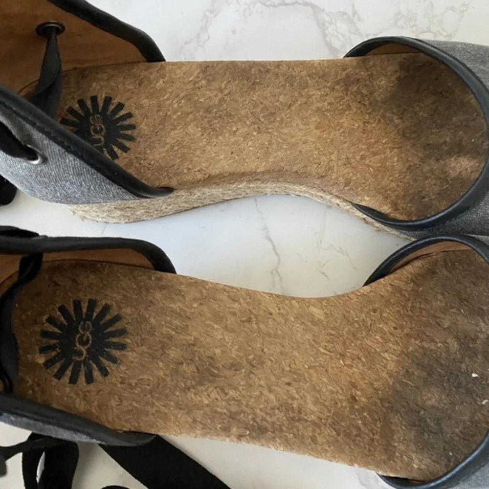 UGG Amell Canvas Sandals Sz 9 Grey‎ Black Ankle Tie Espadrilles Cork